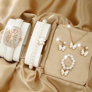 Zegarek na rękę 6pcs moda dla kobiet zegarki dla kobiet proste damskie biznes biały skórzany kwarc zegarek damski naszyjnik Bransoletka Bransoletka