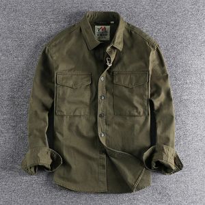 Retro Male Cargo Shirt Jacket Canvas Cotton Khaki Military Uniform Light Casual Work Safari Style Shirts Mens Top Clothing 240329