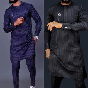 African Mens Set 2 Pieces Outfits Kaftan Elegant Long Sleeve Ethnic Top and Pants Stripe Luxury Mens Suit Wedding Men Clothing 240401