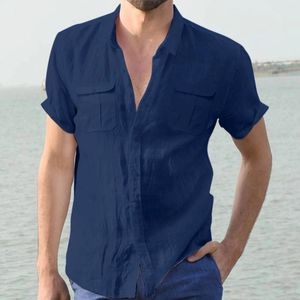 Men's Casual Shirts Button Formal Shirt Male Short Sleeve Tops Slim Fit Solid Top Double Pocket Elegant Turn Down Collar For Mens