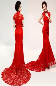 Conventional China Cheongsam Wedding Dresses 2015 High Neck Sleeveless Mermaid Bridal Gowns Sweep Train Applique Red Lace Wedding 5354092