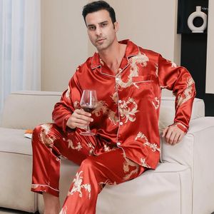 Heimkleidung Ice Seidenpyjama für Männer Frühling und Herbst 2024 Langarmer chinesischer Drachen Rot Zodiakjahr Sommer große Schlafwwears