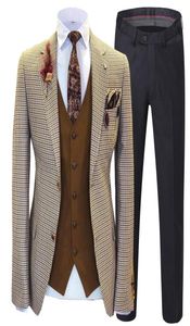 Najnowsze mężczyzn garnitury 3 sztuki Plaid Młówą garnitury Slim Fit Solid Lapel Solid Prom Wedding Tuxedos Brown Vest Men Suit setJacket9227043