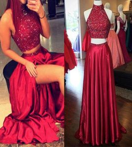 Aline High Side Slit Prom Gowns Custom Robe De Soiree İki Parçası Grand Sparkly Boncuk Kırmızı Akşam Elbisesi1099346