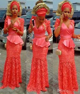 Water Melon 2K17 Prom Dresses V Neck Half Sleeves Peplum Lace And Satin Mermaid Evening Gowns ASo Ebi African Vestidos Party Dress8276964