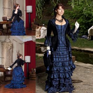 Kleider Royal Blue Black Goth Victorian Bustle Hochzeitskleid 2021 Velvet Taft Schnürung Back Korsett Top Gothic Country Brautkleid