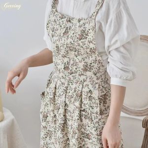 Gerring Korean Dress Apron Cotton Waterproof Garden Print Flower Adjustable Kitchen Working Bib Coffee Shop Aprons 240325