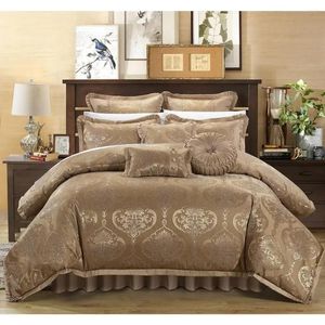 Yatak takımları şık ev 9 parçalı döşeme kalitesi jacquard motifi kumaş yatak odası yorgan seti yastıklar topluluk Kral altın