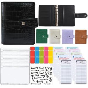 Notebooks Budget Binder A7 PU Leather Budget Planner Cash Envelope Pocket 6 Rings Money Saving Wallet with 6pcs Binder Envelope Pockets