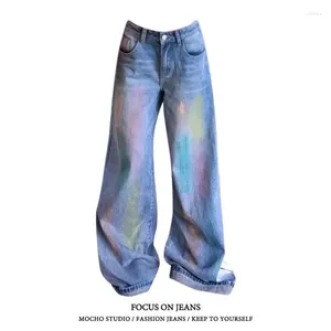 Kvinnors jeans amerikanska retro stor storlek tvättad och gammal tie-dye kollision denim kvinnlig lös tunna drapera rakt dragbyxor 2024