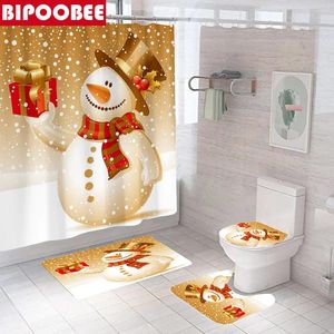 Shower Curtains 3D Cute Snowman Gift Print Curtain Merry Christmas Bathroom Bath Mats Non Slip Rug Toilet Cover Home Decor
