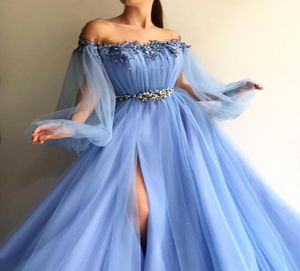 himmelblå delikat pärlstav prom klänning sida delad formell lång sexig aftonklänningar mantel de soiree juvel krage formell festklänning7378219