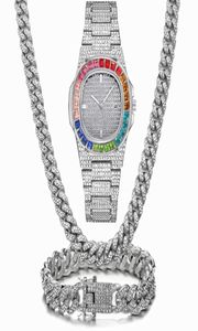 Avanadores de pulso 32pcs colarwatchbracelet Hip Hop Miami Chain Chain Gold Color Colorful Iced Out Rhinestone Bling Mull Men Jewe1930540