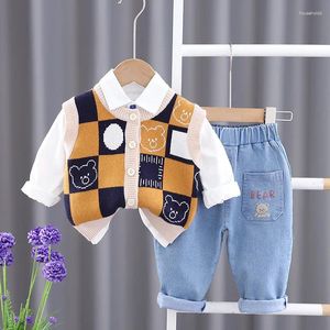 Roupas de roupas para crianças roupas de meninos 2024 Roupas de menino da primavera 6 a 12 meses Cartum Cardigan Sweater colete branco calças de calça infantil