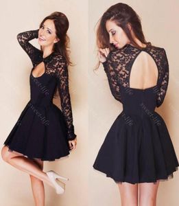 2020 Cute Short A Line Prom Dresses Cheap Black Lace Long Sleeve Backless Party Cocktail Dress Graduation Homecoming Dress Gowns2862072