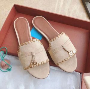 Yeni tasarımcı terlik sandal loro vintage katır yaz gündelik ayakkabılar süet piyanas deri kadınlar düz slaytlar loafer güneşli cazibe açık havada plaj moda ayakkabıları h356