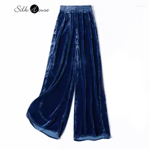 Frauenhose 2024 Fashion Spring 30%natürliche Mulberry Seide 70%Viskose Samt Hautfreundlich Retro Casual Wide Bein