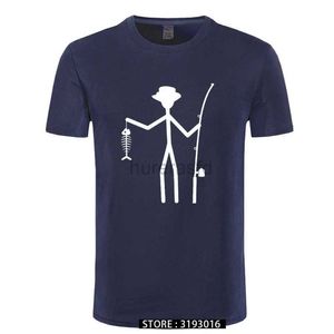 Men's T-Shirts Cool Funny T-Shirt Men High Quality Tees Mens Fisherman Stick Figure Holding Fish Bones Cotton Short Sleeve T Shirts 2445