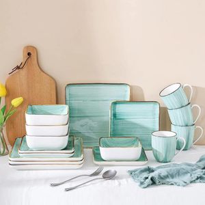 Plates Stone Lain Esmeralda Porcelain Dinnerware Set Service For 4 16 Pieces Square Light Green Brushed Design