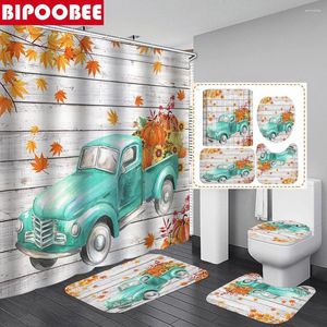 Shower Curtains Wood Texture Farm Blue Truck Curtain Set Pumpkin Carpet Cover Toilet Bath Mat Bathroom With Hooks