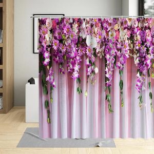 Cortes do chuveiro Flores plantas cortina videira roxa rosa verde floral folhas banheiros decoração de parede de penduramento Tela da banheira