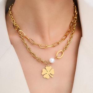 Ketten Edelstahl Halsketten Mehrschichtspapierklammern Gothic Kpop Leichte Luxusklee Anhänger Perlenkette für Frauen Schmuck