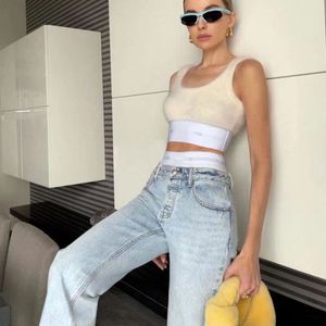 Women's high waist faux 2 pieces elastic bandage patchwork denim jeans straight long pants trousers SML