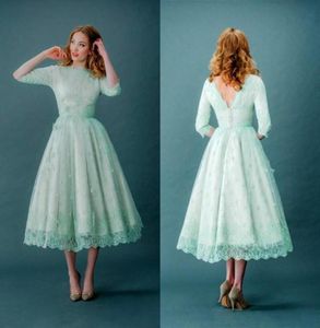 2017 Vintage Lace Prom Dresses Half Sleeves Mint Green Tea Length Spring Plus Size Backless Evening Party Dresses Graduation Dress9963102