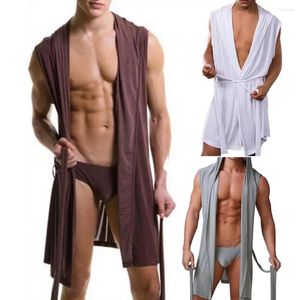 Home Clothing Casual Men Pajamas Solid Color Above Knee Cardigan Thin Bath Robe Sexy Sleepwear Hooded Bathrobe Bathing Pyjamas