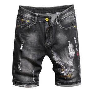 Summer Fashion Mens Denim Shorts Chinese Style Embroidery Classic Black Stretch Slim Casual Short Jeans Trend Streetwear Male 240327