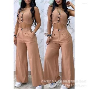 Frauen zweiteilige Hosen Khaki Top Wide Bein Set Elegante Frauen Weste Pants Sets Anzug Frühling Sommer hohe Taille Hosen