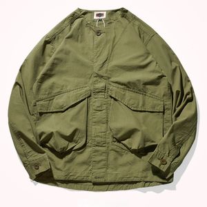 襟なしのメンズファッションユース日本のレトロフロックシャツジャケット古い洗浄されたポケットフロックジャケット240329