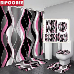Duschvorhänge rosa wellige Linie Vorhang Sets schwarz-graues Badezimmer moderne Badematte Nicht-Schlupfteppich Toilettendeckel Deckel Wohndekoration