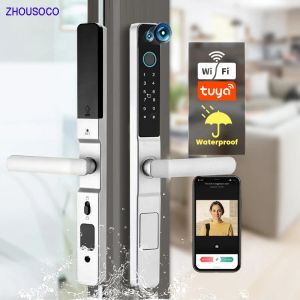 Lås tuya wifi vattentät aluminium dörrlås med kamera fingeravtryck app kort kod nyckelfri elektronisk smart lås för glasskjutning