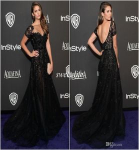 2019 Elie Saab Vestidos de noite de manga curta decote de decote de ilusão de miçanga preta Nina Dobrev Vestido de celebridade do tapete vermelho dourado 1124176