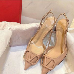 2024 New Designer Pointed Toe Stiletto Sandals Female Hollow Metal V-buckle Baotou Leather High-heeled Shoes 6cm 8cm 10cm