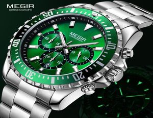 Megir Mens Chronograph Quartz zegarki ze stali nierdzewnej Wodoodporna Analogous Analogous 24 -Hour WristWatch for Man Green Dial 2064G9G5693005