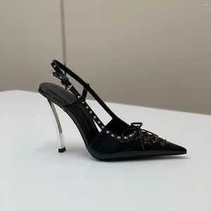 Sandals Casual Designer Fashion Women Shoes Black Genuine Leather Spikes Pointy Toe Elegant Slingback High Heel For Party
