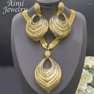 Necklace Earrings Set Texture Dubai 24K Gold Plated Jewelry For Women Golden Pendant Bracelet African Bridal Wedding Party Gifts