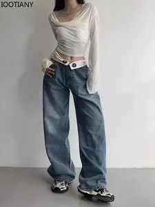 Women's Jeans Fashion High Waist Jean American Retro Cuff Design Wide Leg Pants Loose Kpop Gyaru Street Casual Straight Trousers
