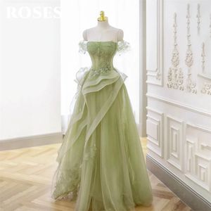 장미 Sage Green Prom Drees Appliques Tulle Celebrity Dresses Tiered Pleat Womens Sweetheart 공식 가운 240401