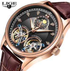 2020 Novo Lige Mens relógios de couro de luxo Double Tourbillon Watch Mechanical Business Business Automatic Waterproof WatchBox4215065