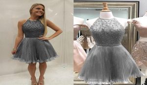 Silver Gray Beading Organza Homecoming Dresses Jewel Halter Pleated Champagne Pink Short Prom Dresses Party Dresses1768629