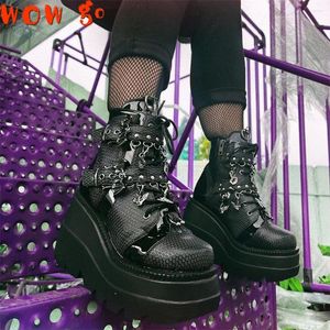 Sapatos de caminhada 2024 Autumn Winter Punk Street Boots Women Platform Wedges Heels High Motrocycle Short Feminino Halloween Mulher