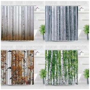 Shower Curtains Misty Forest Waterproof Fabric White Birch Trees Yellow Leaves Green Plants Scenery Bathroom Decor Bath Curtain