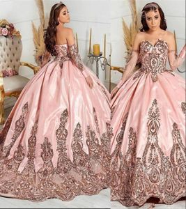 2022 Rosa sexy Shining Quinceanera Abiti dolci Sweet 15 Abito Sweetheart Crystal Gowns con maniche con maniche Oro rosa S8527344