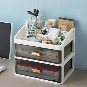 Caixas de mesa de armazenamento Caixa de desktop com 2 gaveta clara de grande capacidade, suprimentos de escritório de bancada, contêiner de organizador cosmético de papelaria