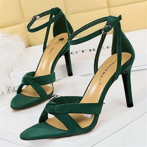 Sandals 2024 Summer Women 8.5cm High Heels Green Stripper Middle Sandles Lady Platform Cross Strap Event Party Flock Shoes