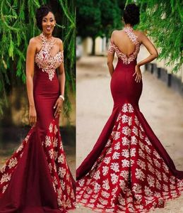 Aso Ebi Style Dark Red Sexy Mermaid Evening Pageant Dresses Modest Lace High Neck Backless Sweep Train Trumpet Africa Prom Party G2006348