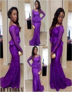 Arfrican Purple Deniz Kızı Balo Akşam Elbise 2019 Aso Ebi Uzun Kollu Tam Dantelli Balo Elbise Peplum Sırtsız Resmi Gown6123608